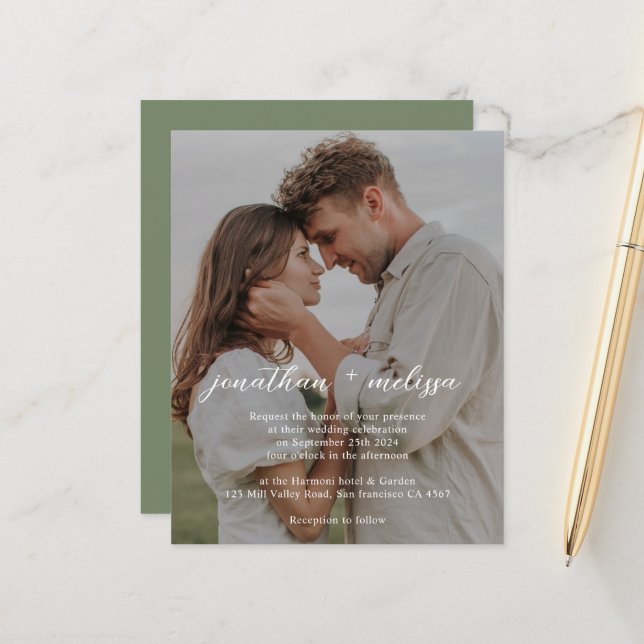 Convite de Casamento Elegante em Verde Oliva Escur (Frente/Verso In Situ)