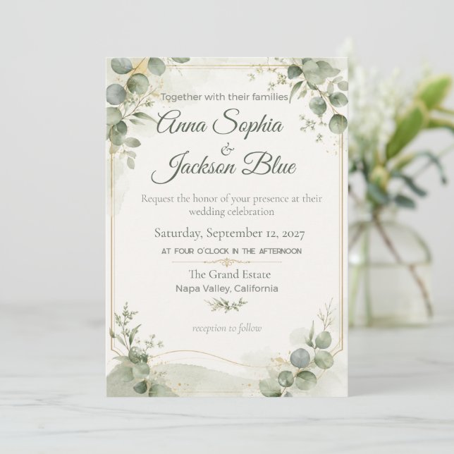 Convite de Casamento Elegante em Verde Salvia com  (Em pé/Frente)