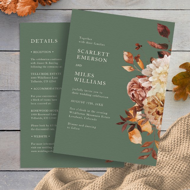 Convite de Casamento Elegante Fall All In One (Elegant Fall Sage Green Taupe All In One Wedding Invitation by Painted Paperie
)