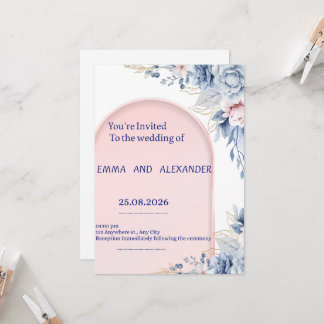 Convite de Casamento Elegante Flora Azul