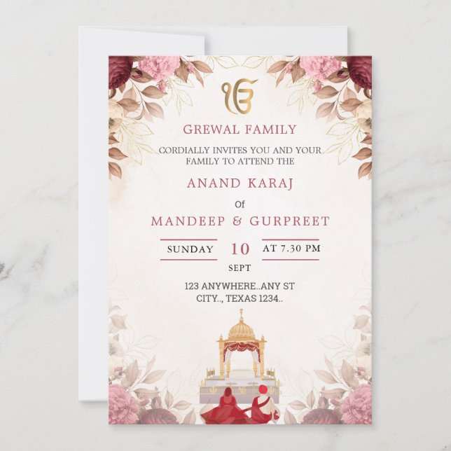 Convite de Casamento Elegante Floral Anand Karaj S (Frente)