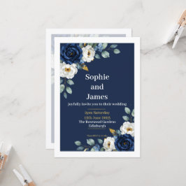 Convite de Casamento Elegante Floral Azul Marinho