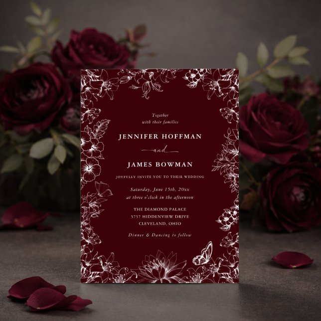 Convite de Casamento Elegante Floral Borgonha (Criador carregado)