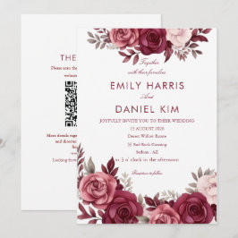 Convite de casamento elegante floral burgundy qr m