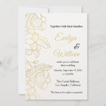 Convite de Casamento Elegante Floral Dourado Branc