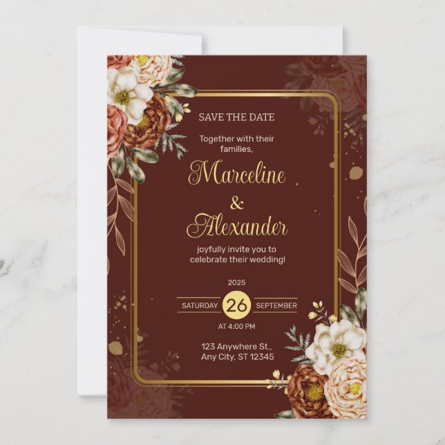 Convite de Casamento Elegante Floral Dourado Marro (Frente)