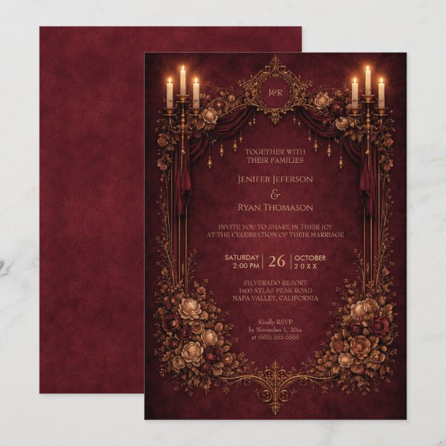 Convite de casamento elegante floral gótico de hal (Frente/Verso)
