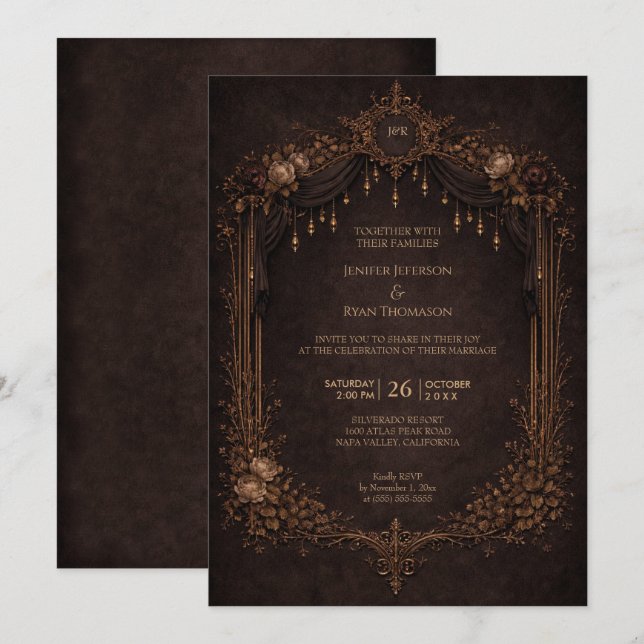 Convite de casamento elegante floral gótico de hal (Frente/Verso)