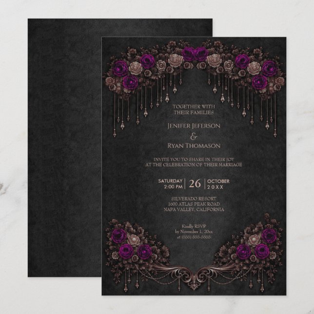 Convite de casamento elegante floral gótico de hal (Frente/Verso)