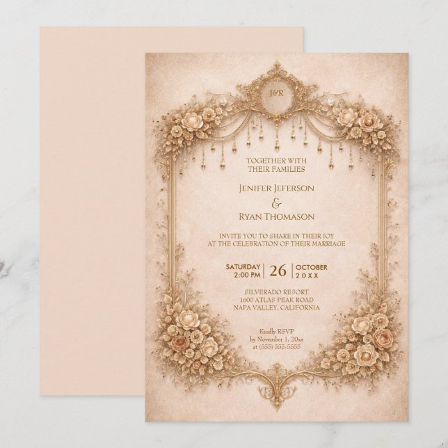 Convite de casamento elegante floral gótico de hal (Frente/Verso)