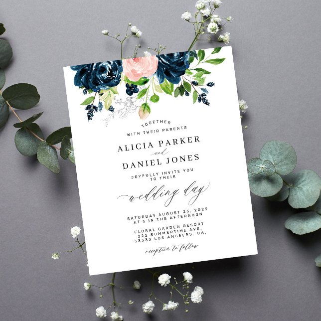 Convite de casamento elegante floral rosa marinho  (Criador carregado)