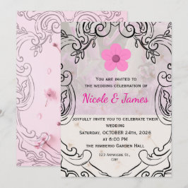 Convite de Casamento Elegante Floral Rosa Ornament