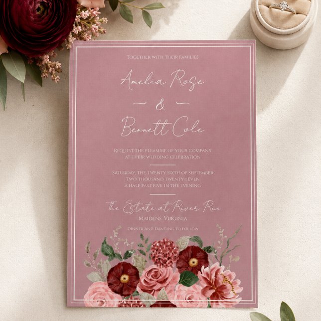 Convite de Casamento Elegante Floral Rosa Poento B (Criador carregado)