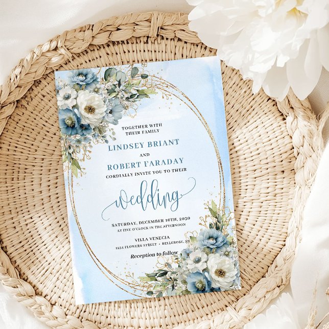 Convite de Casamento Elegante Flores Azuis Brilho  (Elegant Blue Flowers Gold Glitter Wedding Invite)