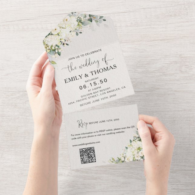 Convite de Casamento Elegante Flores Brancas Tudo  (Aba destacável)