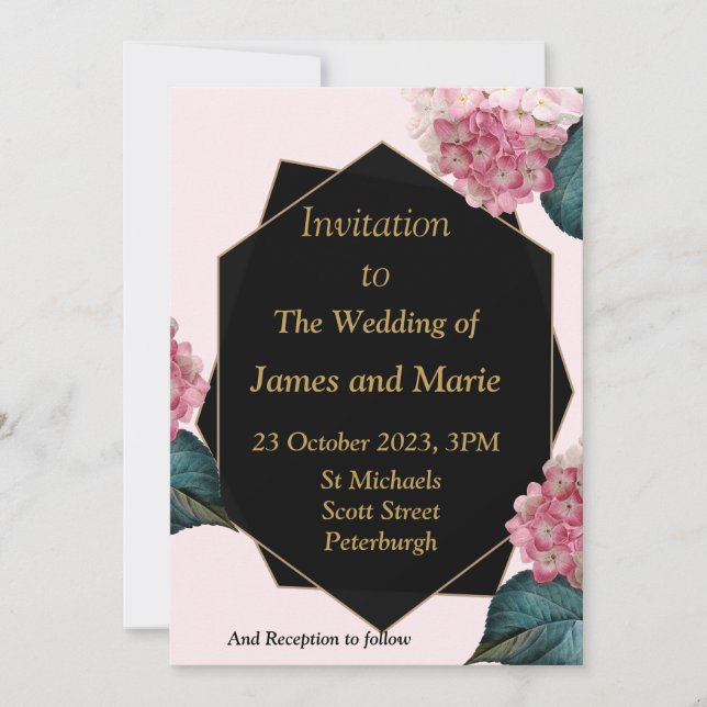 Convite de Casamento Elegante, flores cor-de-rosa, (Frente)