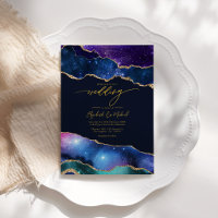 Convite de Casamento Elegante Galáxia Azul, Roxo e