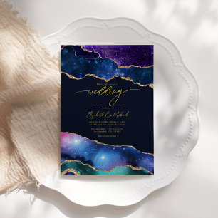 Convite de Casamento Elegante Galáxia Azul, Roxo e
