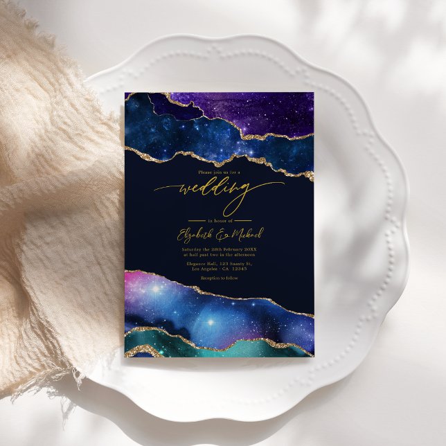 Convite de Casamento Elegante Galáxia Azul, Roxo e (Elegant Galaxy Blue, Purple & Gold Agate QR Code Invitation)