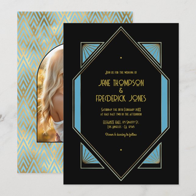 Convite de Casamento Elegante Gatsby Art Déco Azul (Frente/Verso)