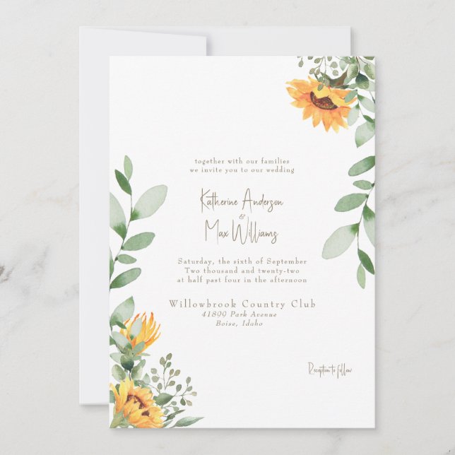 Convite de Casamento Elegante Girassol Dourado Sem (Frente)