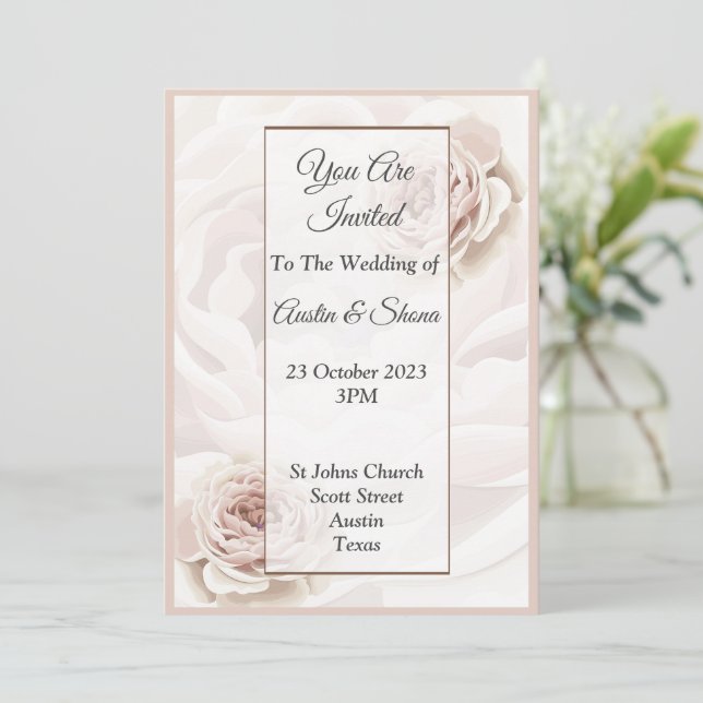 Convite de Casamento Elegante, grandes flores rosa (Em pé/Frente)