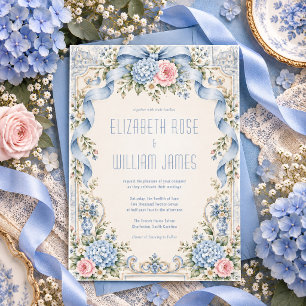 Convite de Casamento Elegante Hortênsia Azul Branc