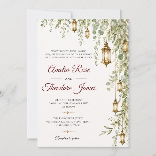 Convite de Casamento Elegante Lanterna Aquarela (Frente)