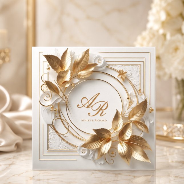 Convite de Casamento Elegante Marfim Dourado (elegant opulent ivory gold foliage classic luxury chic wedding invitation)