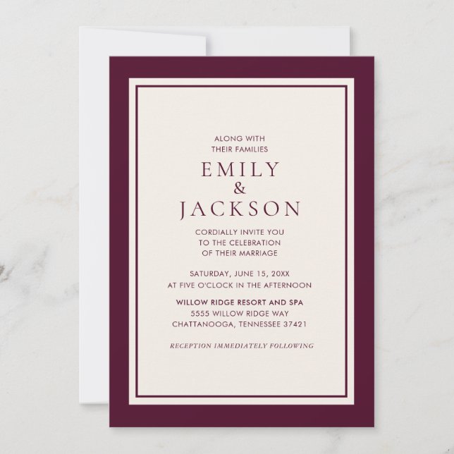 Convite de Casamento Elegante Moderno Burgundy Cre (Frente)