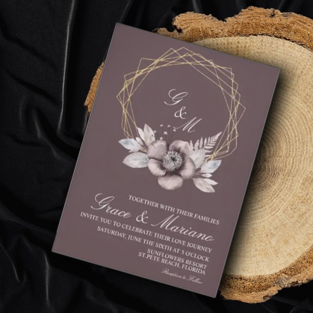Convite de Casamento Elegante Monograma Floral Ros (Criador carregado)