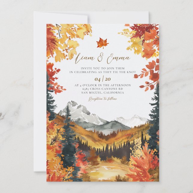 Convite de Casamento Elegante Montanha Folhas de O (Frente)
