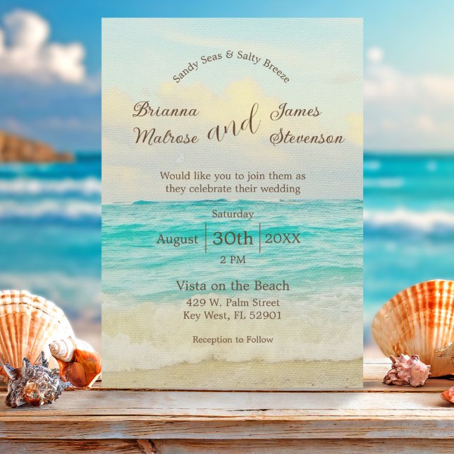 Convite de Casamento Elegante na Praia (Coastal Beach wedding invitation featuring waves crashing onto the shore and elegant typography )