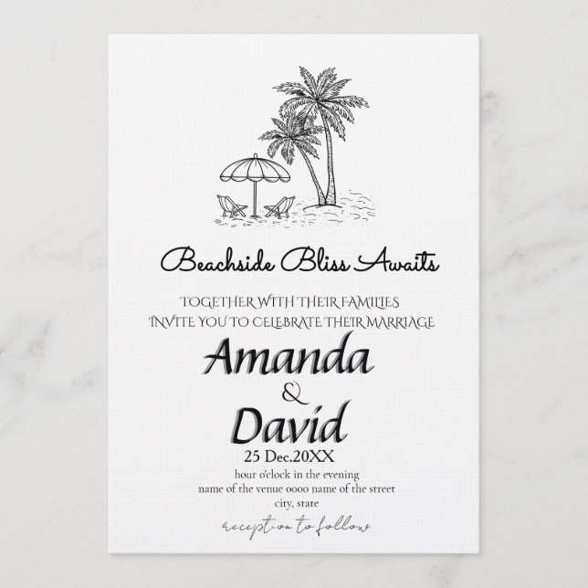 Convite de Casamento Elegante na Praia à Beira-Mar (Frente)