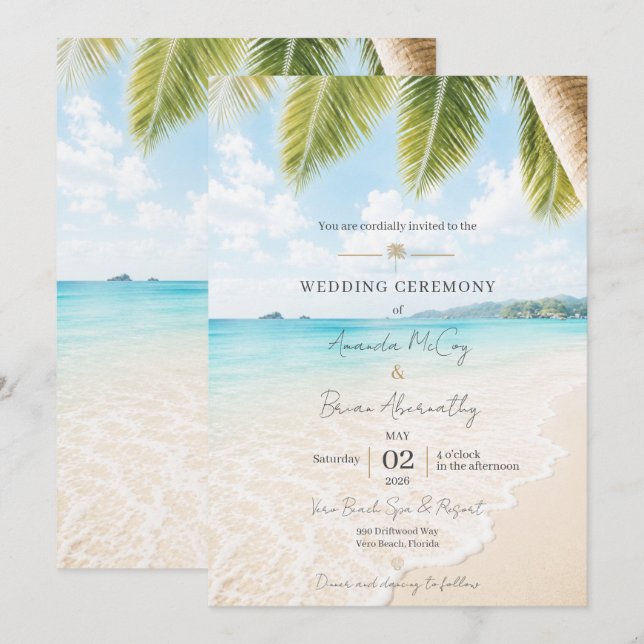Convite de Casamento Elegante na Praia Tropical (Frente/Verso)