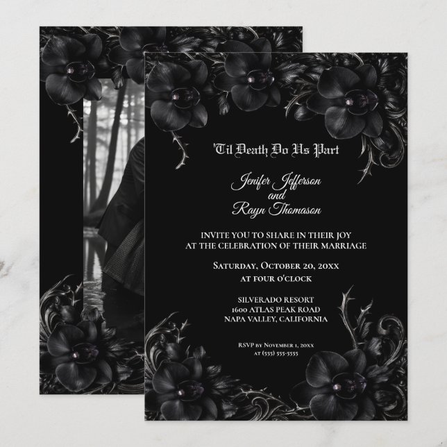 Convite de casamento elegante Orquídea Preta Gótic (Frente/Verso)