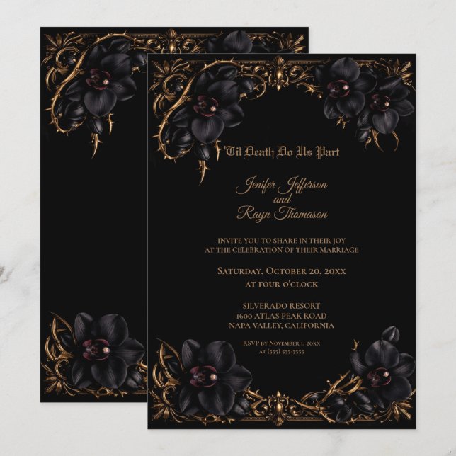 Convite de casamento elegante Orquídea Preta Gótic (Frente/Verso)