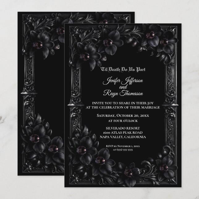 Convite de casamento elegante Orquídea Preta Gótic (Frente/Verso)