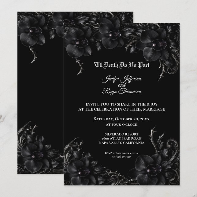 Convite de casamento elegante Orquídea Preta Gótic (Frente/Verso)