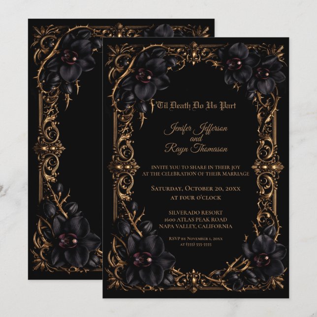 Convite de casamento Elegante Orquídea Preta Gótic (Frente/Verso)