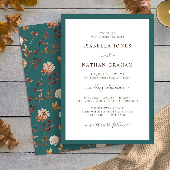 Convite de Casamento Elegante Outono em Verde-Azul (Elegant Teal Simple Autumn Leaves Wedding Invitation by Painted Paperie
)