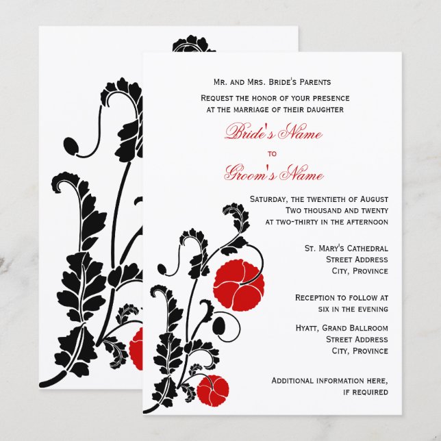 Convite de Casamento Elegante Papoula Vermelha (Frente/Verso)
