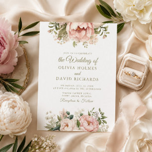 Convite de Casamento Elegante Peônia Rosa e Pêsseg