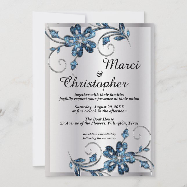 Convite de casamento elegante prateado e azul (Frente)