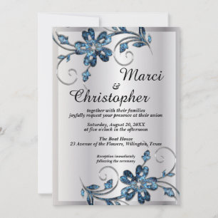 Convite de casamento elegante prateado e azul