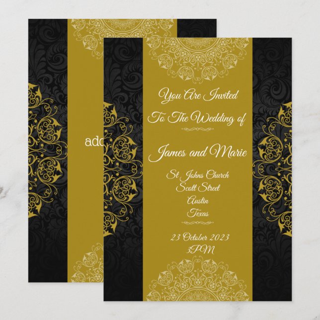 Convite de Casamento Elegante, preto, dourado vint (Frente/Verso)