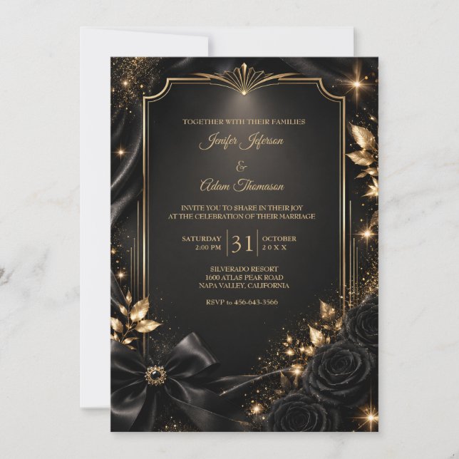 Convite de Casamento Elegante Preto e Dourado (Frente)