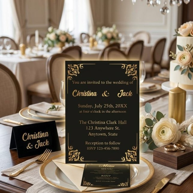 Convite de Casamento Elegante Preto e Dourado (Criador carregado)