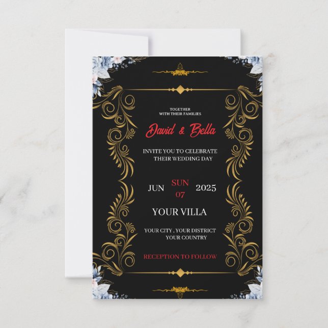 Convite de Casamento Elegante Preto e Dourado (Frente)