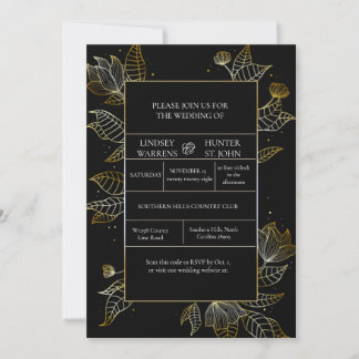 Convite de Casamento Elegante Preto e Dourado